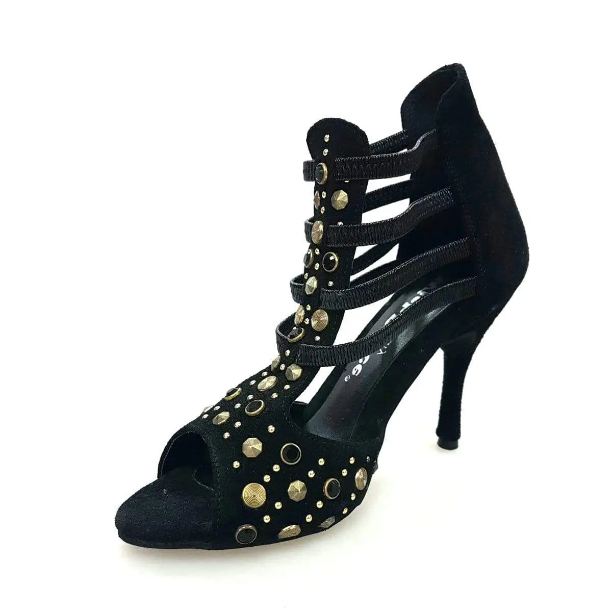 Sandalo da donna Swann Elizabeth Pirata Wish Dance Shop in camoscio nero con borchie oro, Swarovski neri e tacco a spillo rivestito.