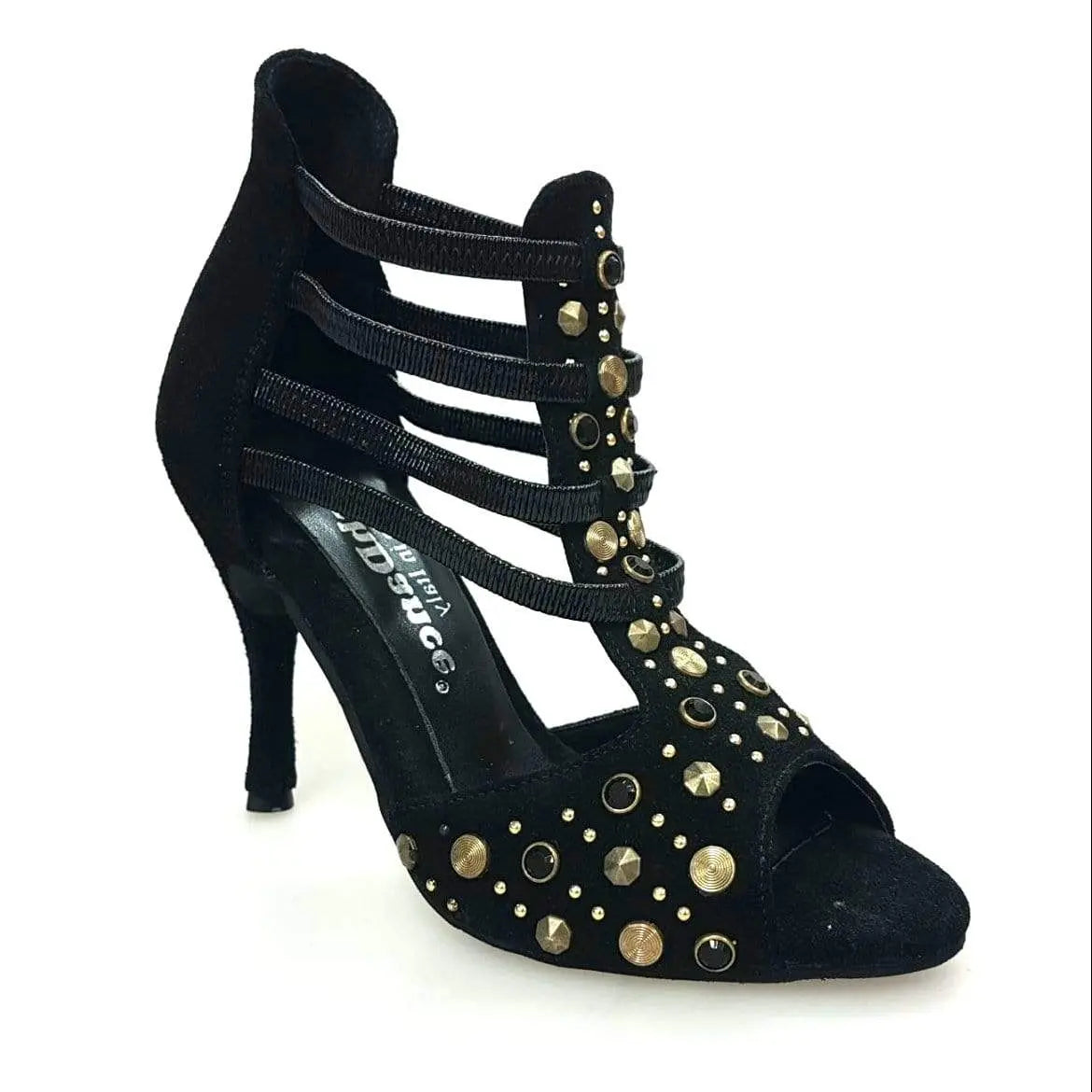 Sandalo donna Swann Elizabeth Pirata Wish Dance Shop in camoscio nero con borchie oro, Swarovski neri e tacco a spillo rivestito