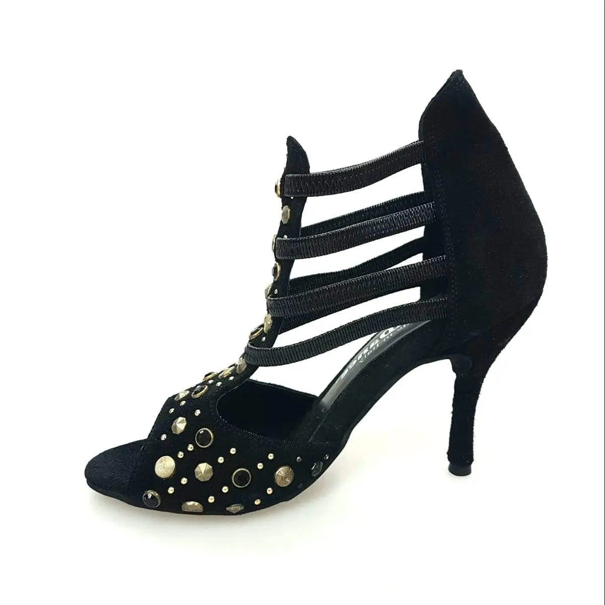 Sandalo da donna Swann Elizabeth Pirata in camoscio nero con borchie oro, Swarovski neri e tacco a spillo rivestito in camoscio nero