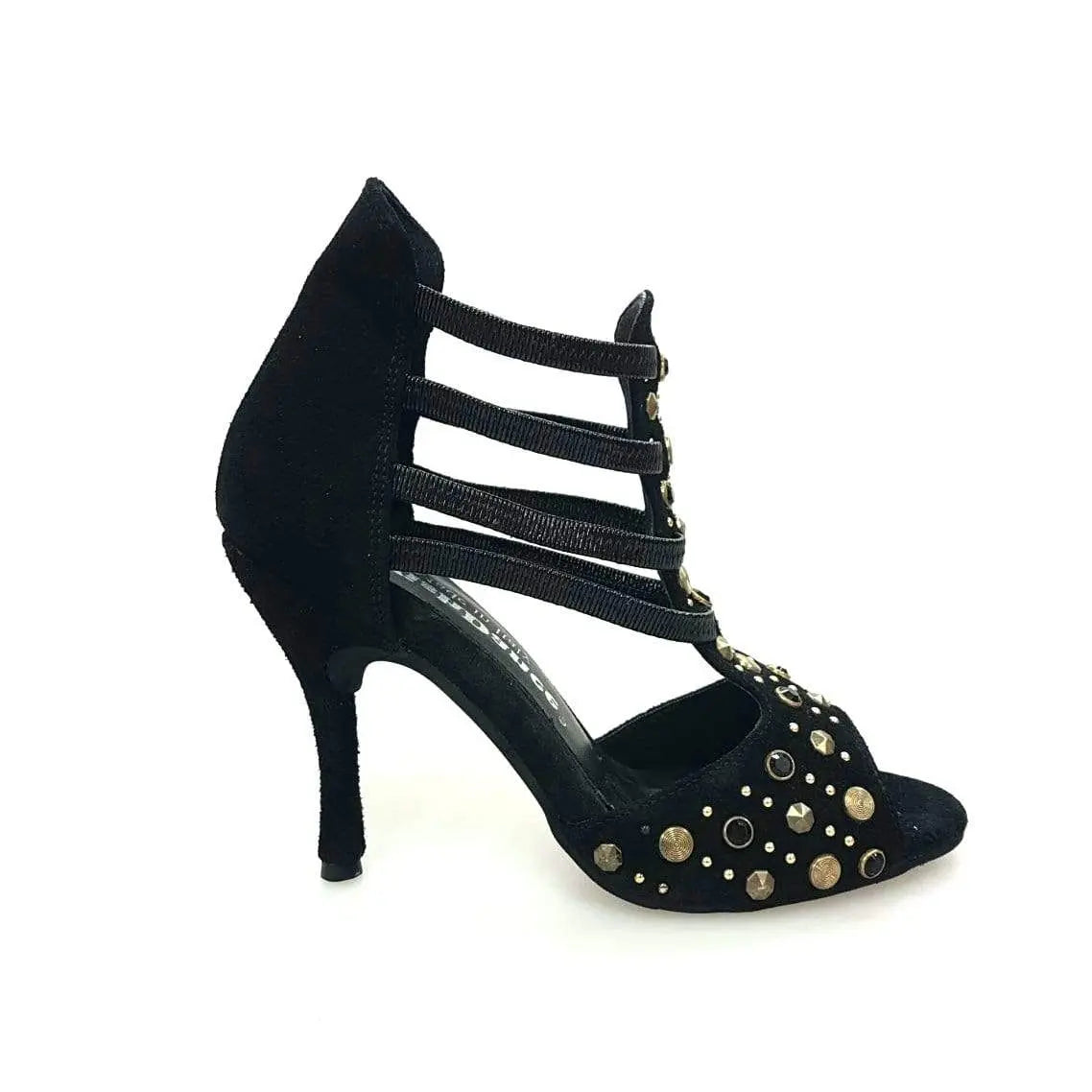 Sandalo da donna Swann Elizabeth Pirata Wish Dance Shop in camoscio nero con borchie oro, Swarovski neri e tacco a spillo rivestito.