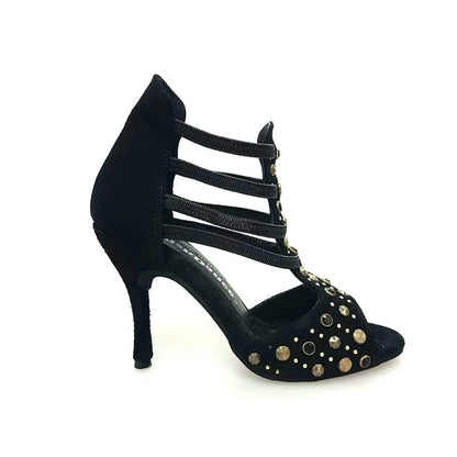 Sandalo da donna Swann Elizabeth Pirata Wish Dance Shop in camoscio nero con borchie oro, Swarovski neri e tacco a spillo rivestito.