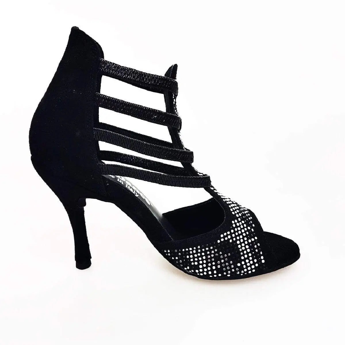 Sandalo donna Viper Black Wish Dance Shop in camoscio nero con elastici, borchiette argento e tacco a spillo rivestito.