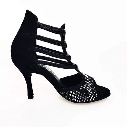 Sandalo donna Viper Black Wish Dance Shop in camoscio nero con elastici, borchiette argento e tacco a spillo rivestito.