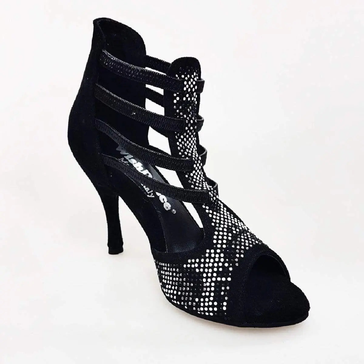 Scarpa sandalo donna Viper Black (460PW) in camoscio nero con elastici, borchiette argento e bianche, tacco a spillo rivestito.