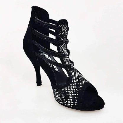 Scarpa sandalo donna Viper Black (460PW) in camoscio nero con elastici, borchiette argento e bianche, tacco a spillo rivestito.