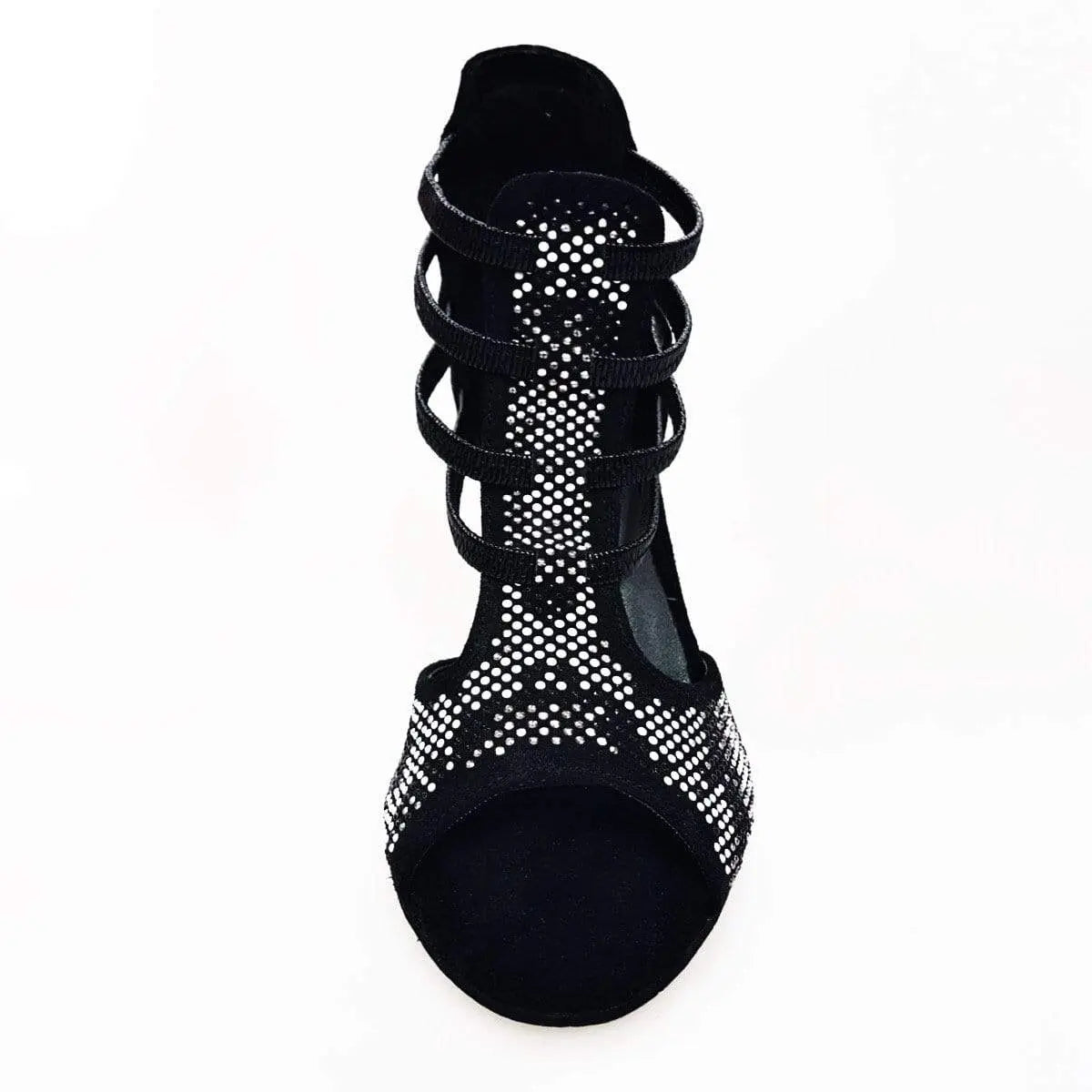 Sandalo donna Viper Black (460PW) in camoscio nero con elastici e dettagli in borchiette argento, tacco a spillo rivestito.