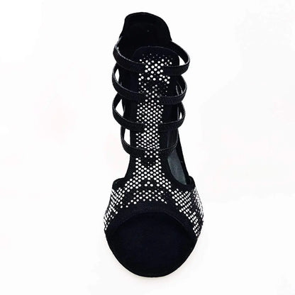 Sandalo donna Viper Black (460PW) in camoscio nero con elastici e dettagli in borchiette argento, tacco a spillo rivestito.