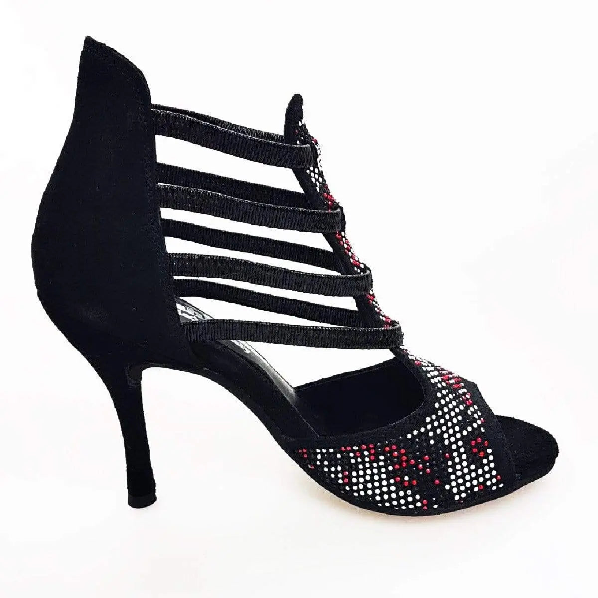 Sandalo donna Viper Red (460PW) in camoscio nero con borchiette rosse e bianche, tacco a spillo rivestito in camoscio nero.