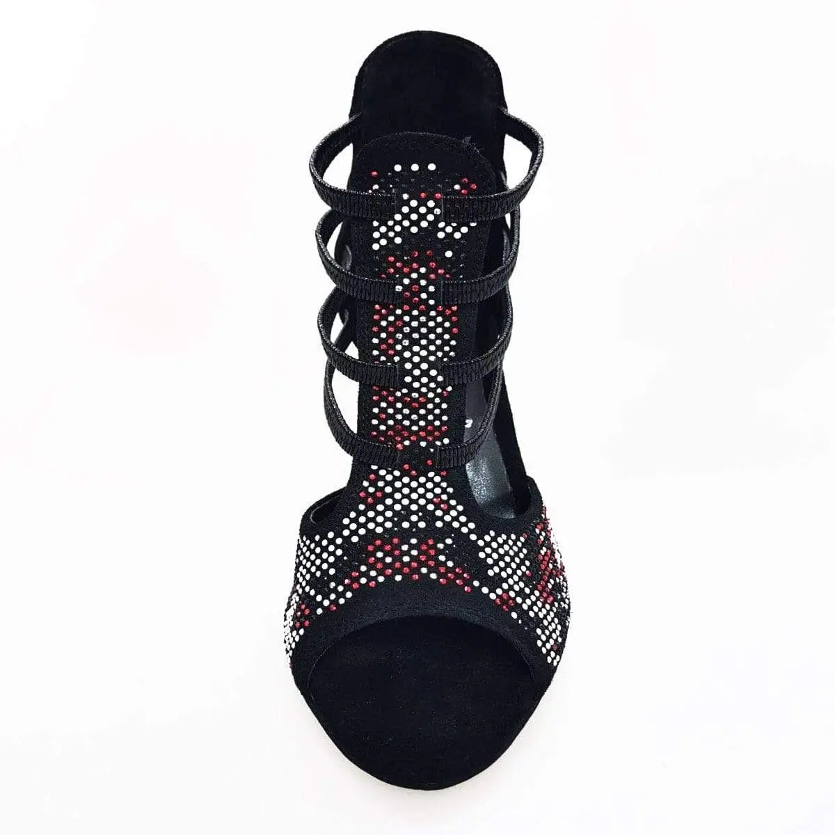 Scarpa da donna Wish Dance Shop Viper Red in camoscio nero con borchiette rosse e bianche, tacco a spillo rivestito in camoscio nero