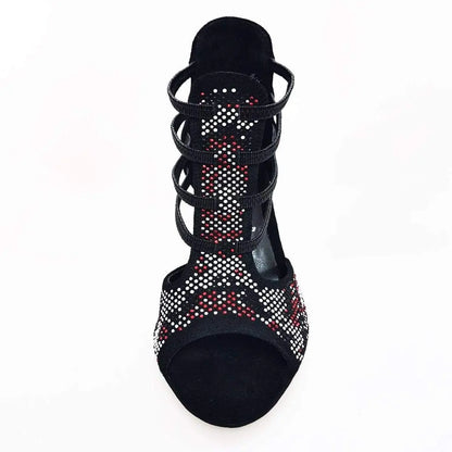 Scarpa da donna Wish Dance Shop Viper Red in camoscio nero con borchiette rosse e bianche, tacco a spillo rivestito in camoscio nero