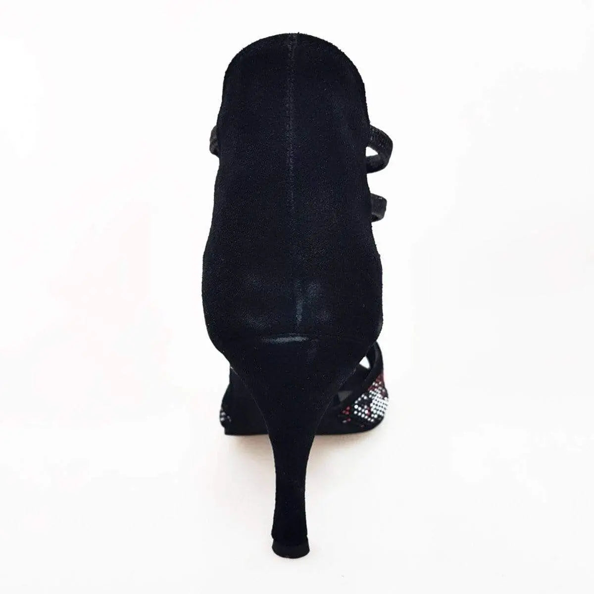 Scarpa donna Viper Red (460PW) in camoscio nero con borchiette rosse e bianche, tacco a spillo rivestito in camoscio nero.