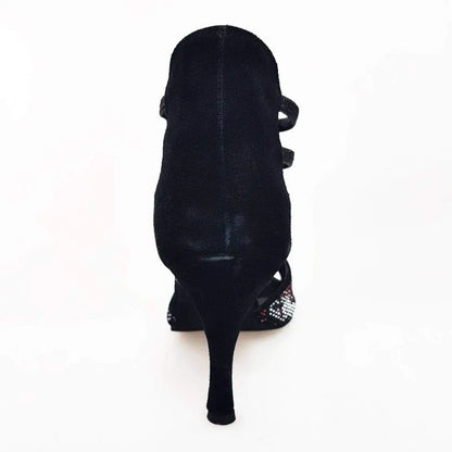 Scarpa donna Viper Red (460PW) in camoscio nero con borchiette rosse e bianche, tacco a spillo rivestito in camoscio nero.