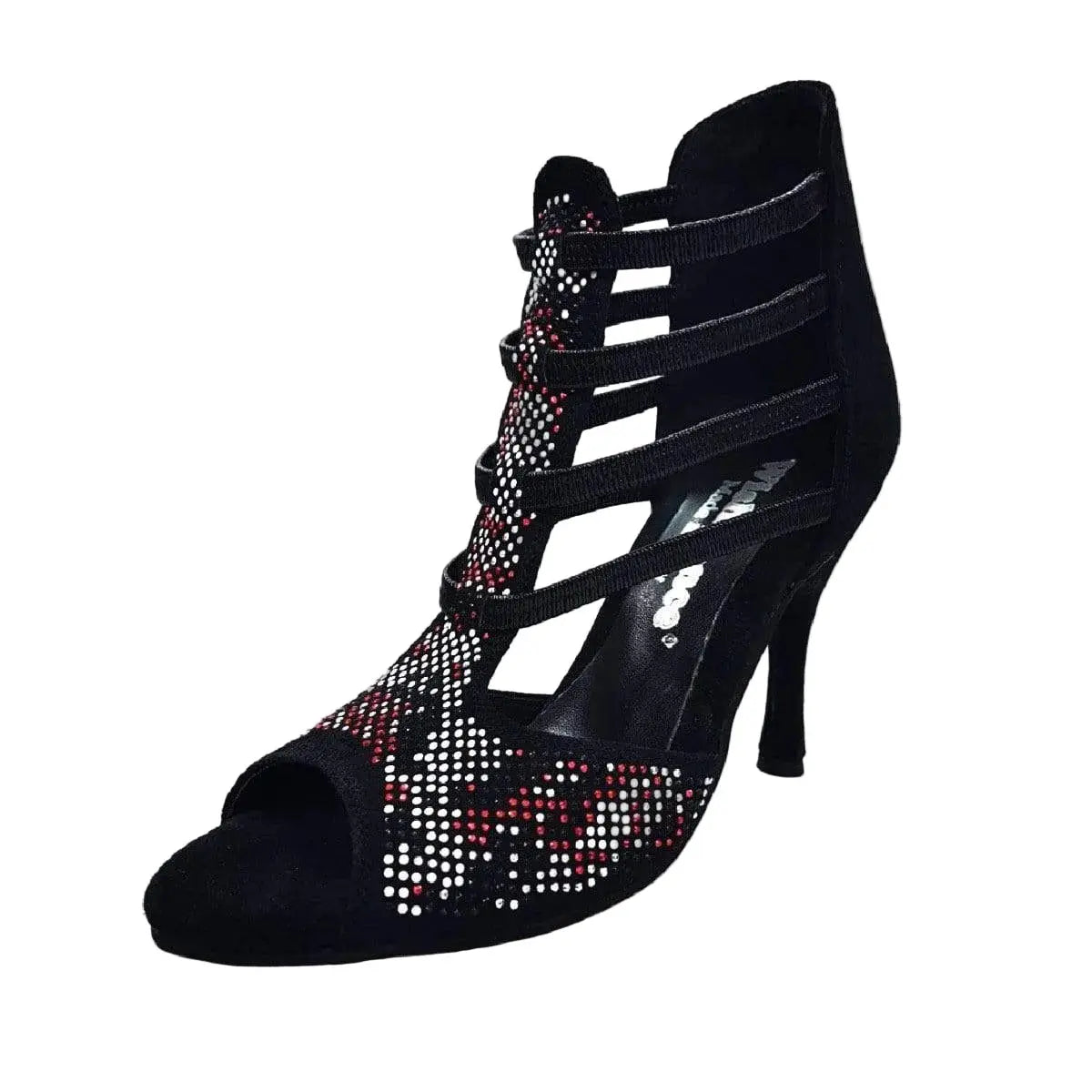 Sandalo donna Viper Red Wish Dance Shop in camoscio nero con borchiette rosse e bianche, tacco a spillo rivestito in camoscio nero