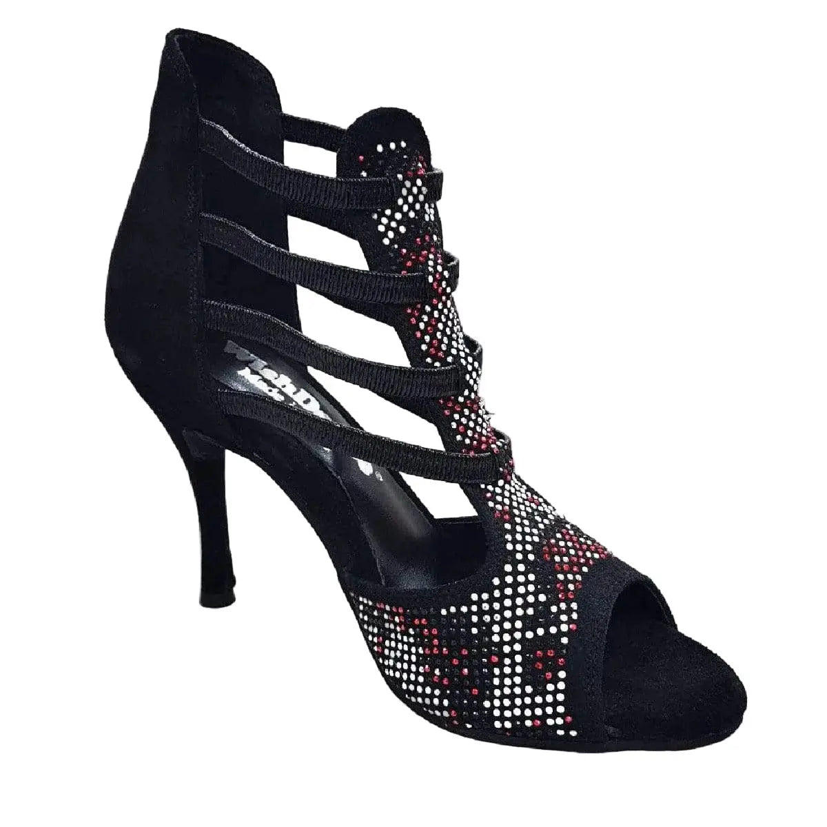 Sandalo donna Wish Dance Shop Viper Red in camoscio nero con borchiette rosse e bianche, tacco a spillo rivestito in camoscio nero
