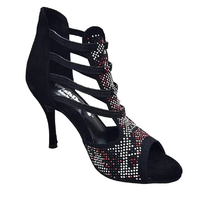 Sandalo donna Wish Dance Shop Viper Red in camoscio nero con borchiette rosse e bianche, tacco a spillo rivestito in camoscio nero