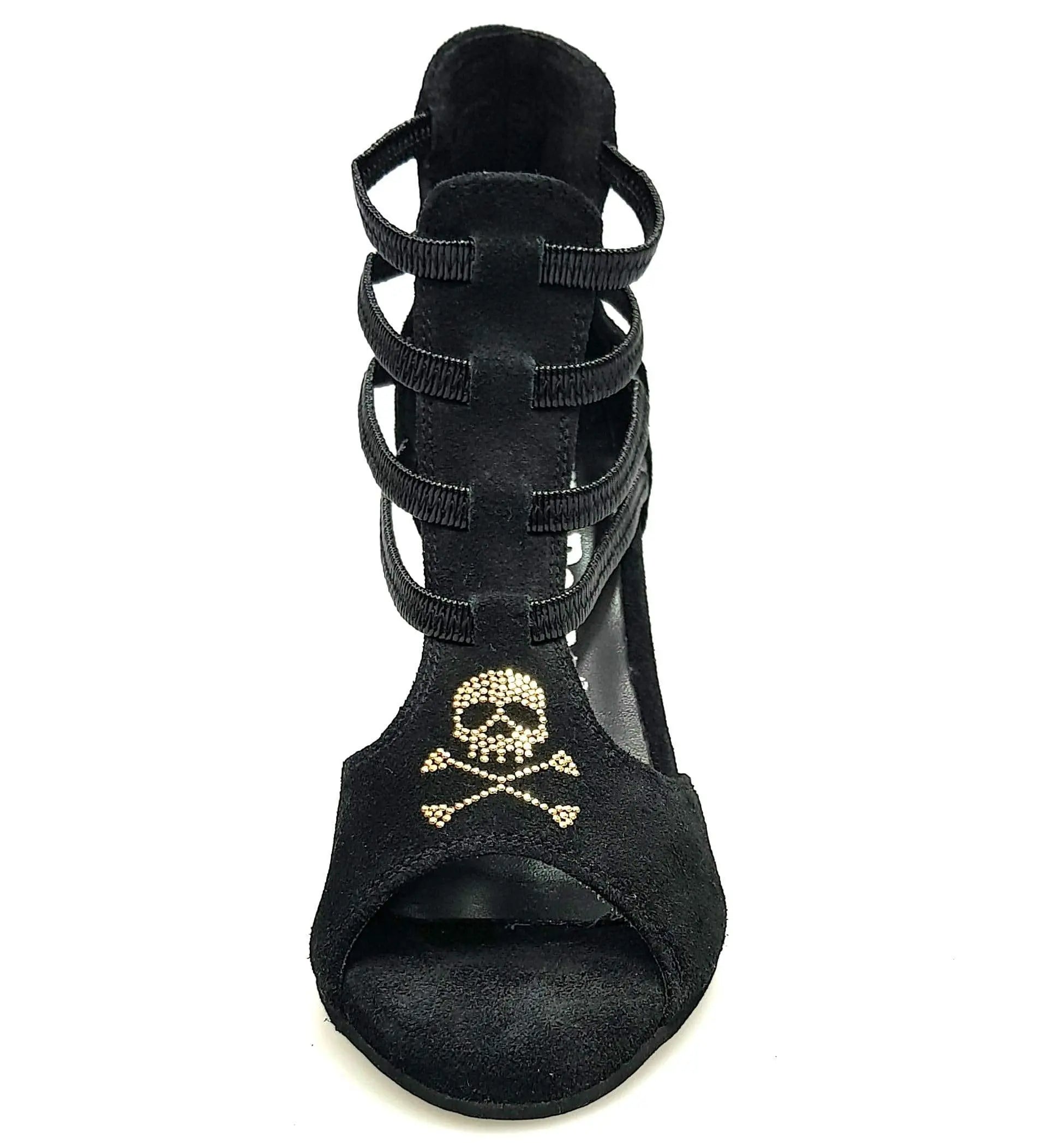 Sandalo donna Carina Barbossa Pirata Wish Dance Shop in camoscio nero con borchiette oro, tacco a spillo rivestito in camoscio nero