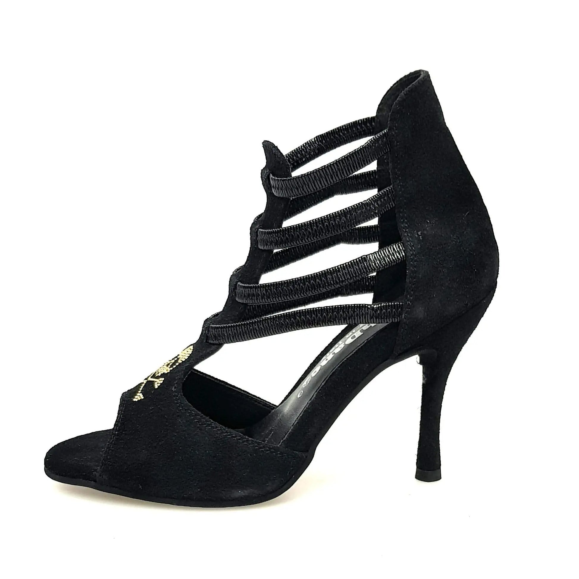 Sandalo donna Carina Barbossa Pirata Wish Dance Shop in camoscio nero con borchiette oro e tacco a spillo rivestito in camoscio nero