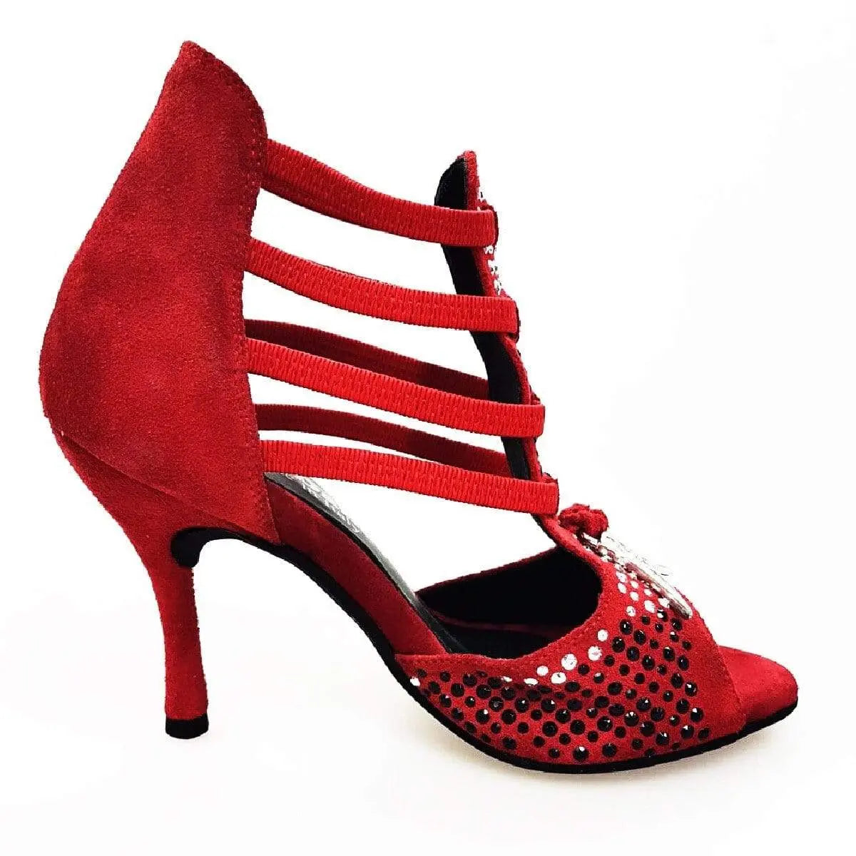 Sandalo donna Lioness Red Silver Black di Wish Dance Shop in camoscio rosso con borchiette nere e argento, tacco a spillo rivestito.