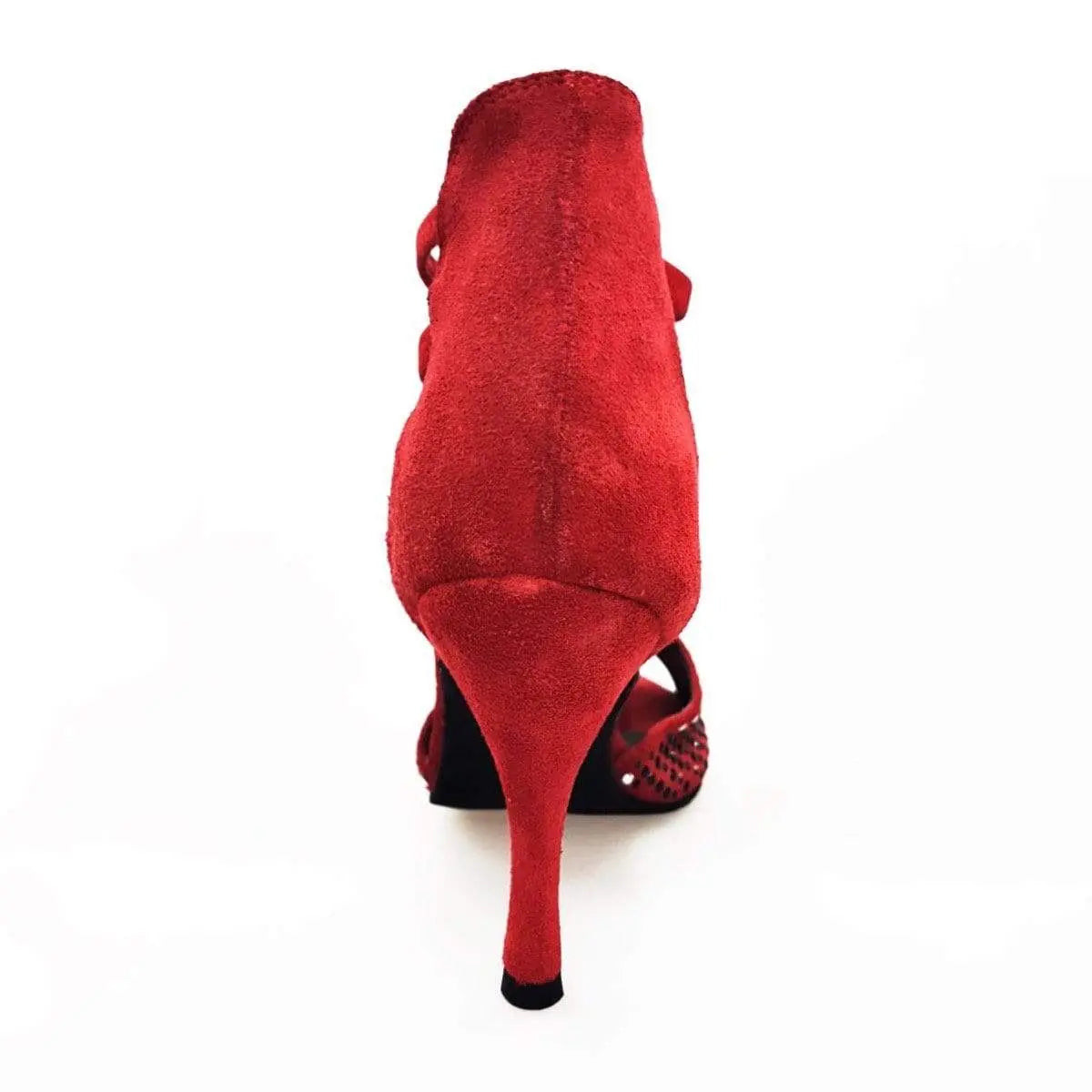 Sandalo donna Lioness Red Silver Black Wish Dance Shop in camoscio rosso con borchiette nere e argento, tacco a spillo rivestito.