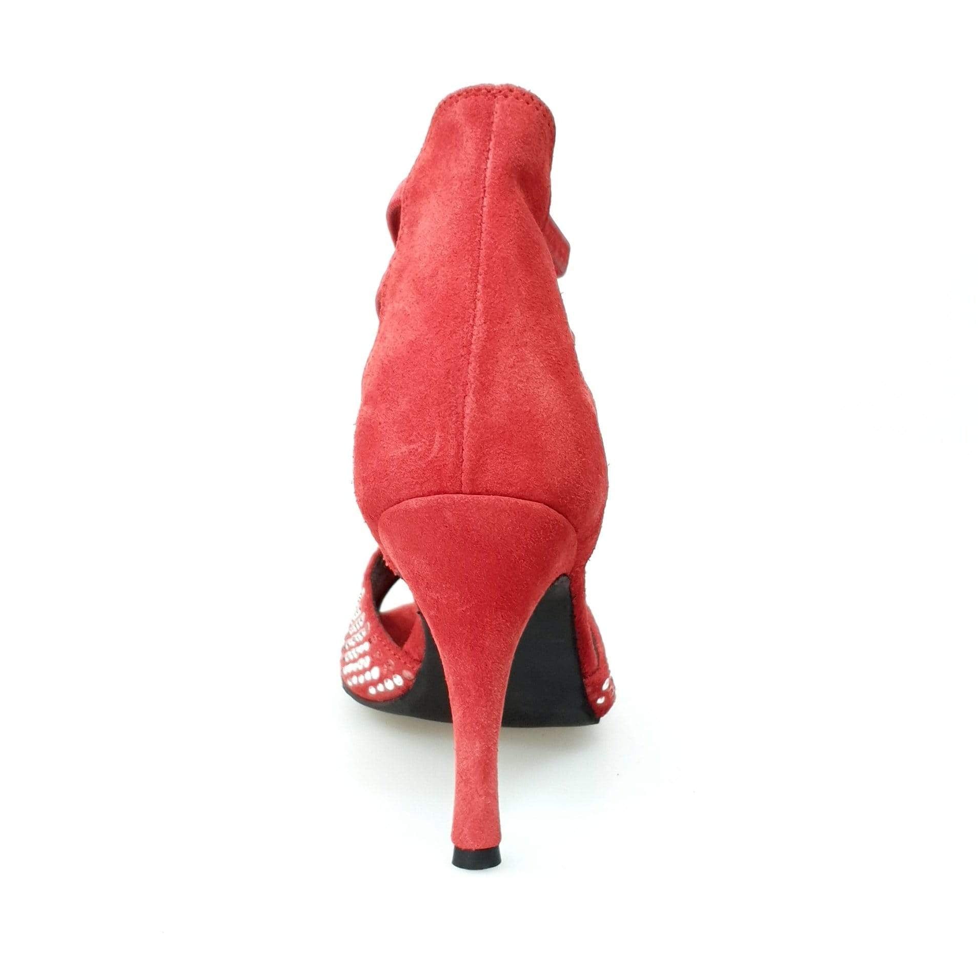 Sandalo da donna Lioness Red Silver Wish Dance Shop in camoscio rosso con borchiette rosse e argento, tacco a spillo rivestito.
