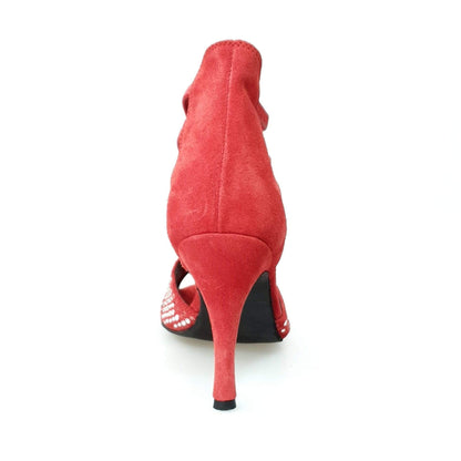Sandalo da donna Lioness Red Silver Wish Dance Shop in camoscio rosso con borchiette rosse e argento, tacco a spillo rivestito.