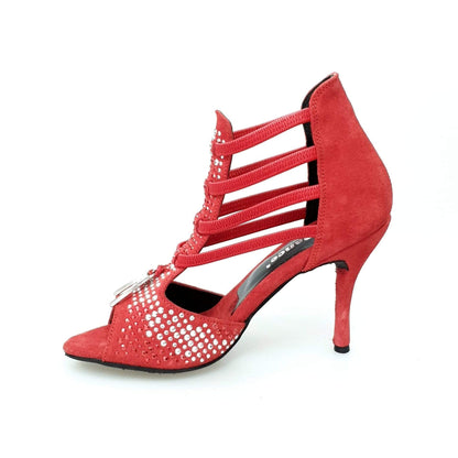 Sandalo donna Lioness Red Silver Wish Dance Shop in camoscio rosso, borchiette rosse e argento, tacco a spillo rivestito in camoscio.