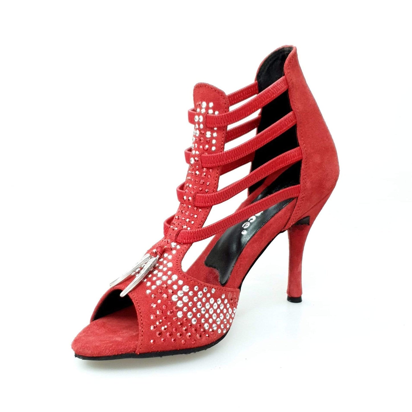 Sandalo donna Lioness Red Silver in camoscio rosso con borchiette rosse e argento, zanne in metallo e tacco a spillo rivestito.
