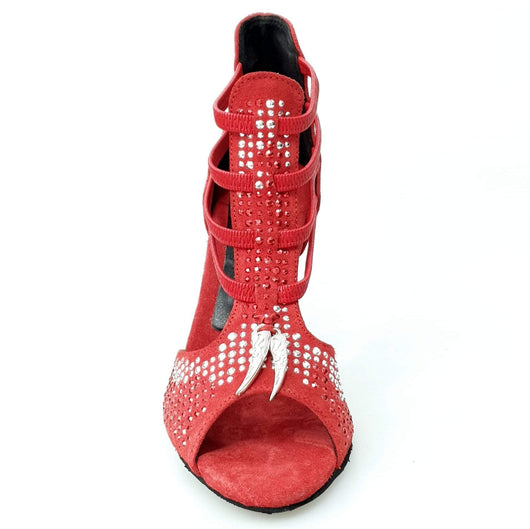 Lioness Red Silver (460PW) - Women's Sandal in Red Suede with Red / Silver Studs and Metal Fangs and stiletto heel covered in Red Suede
