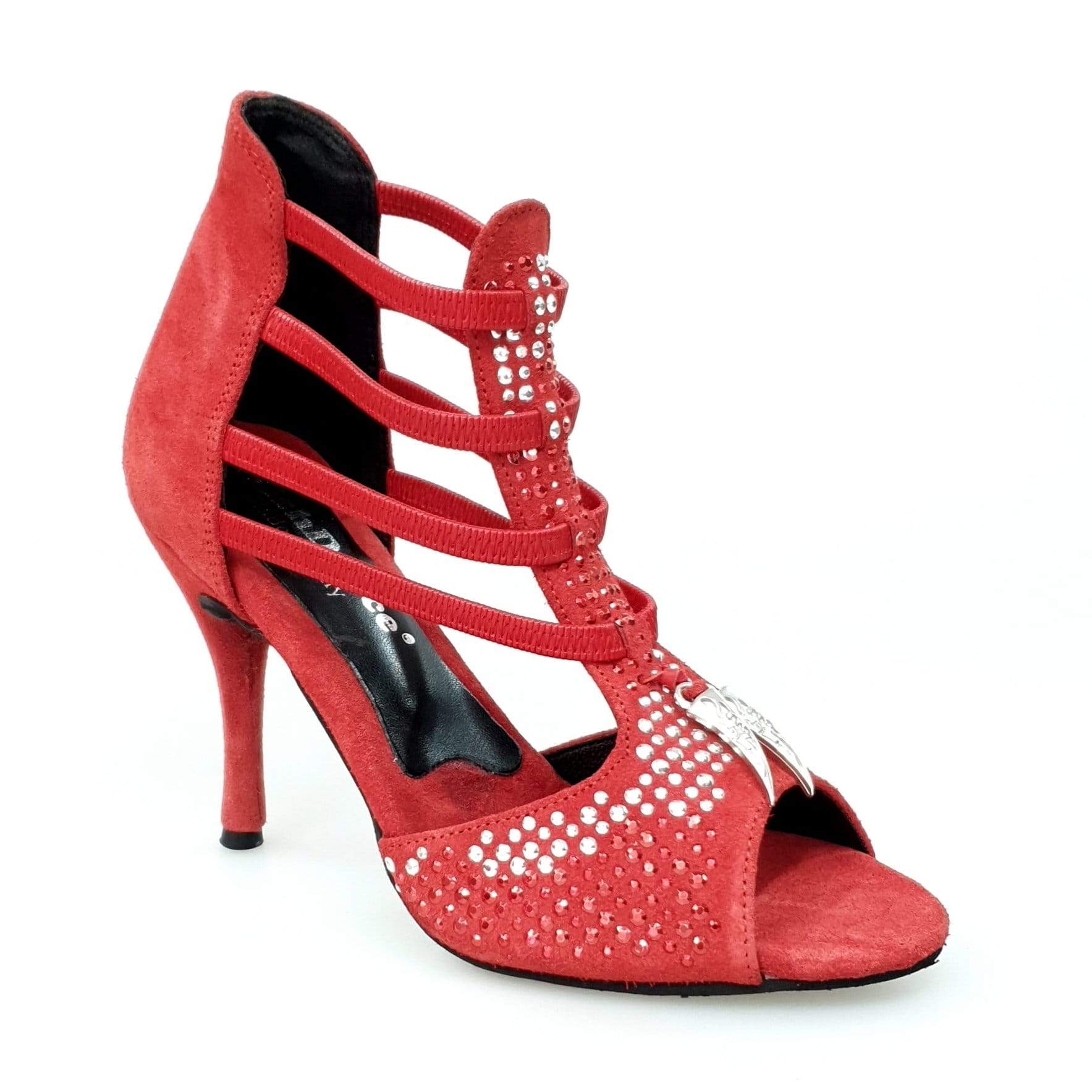 Sandalo donna Lioness Red Silver in camoscio rosso con borchiette rosse e argento, tacco a spillo rivestito in camoscio.