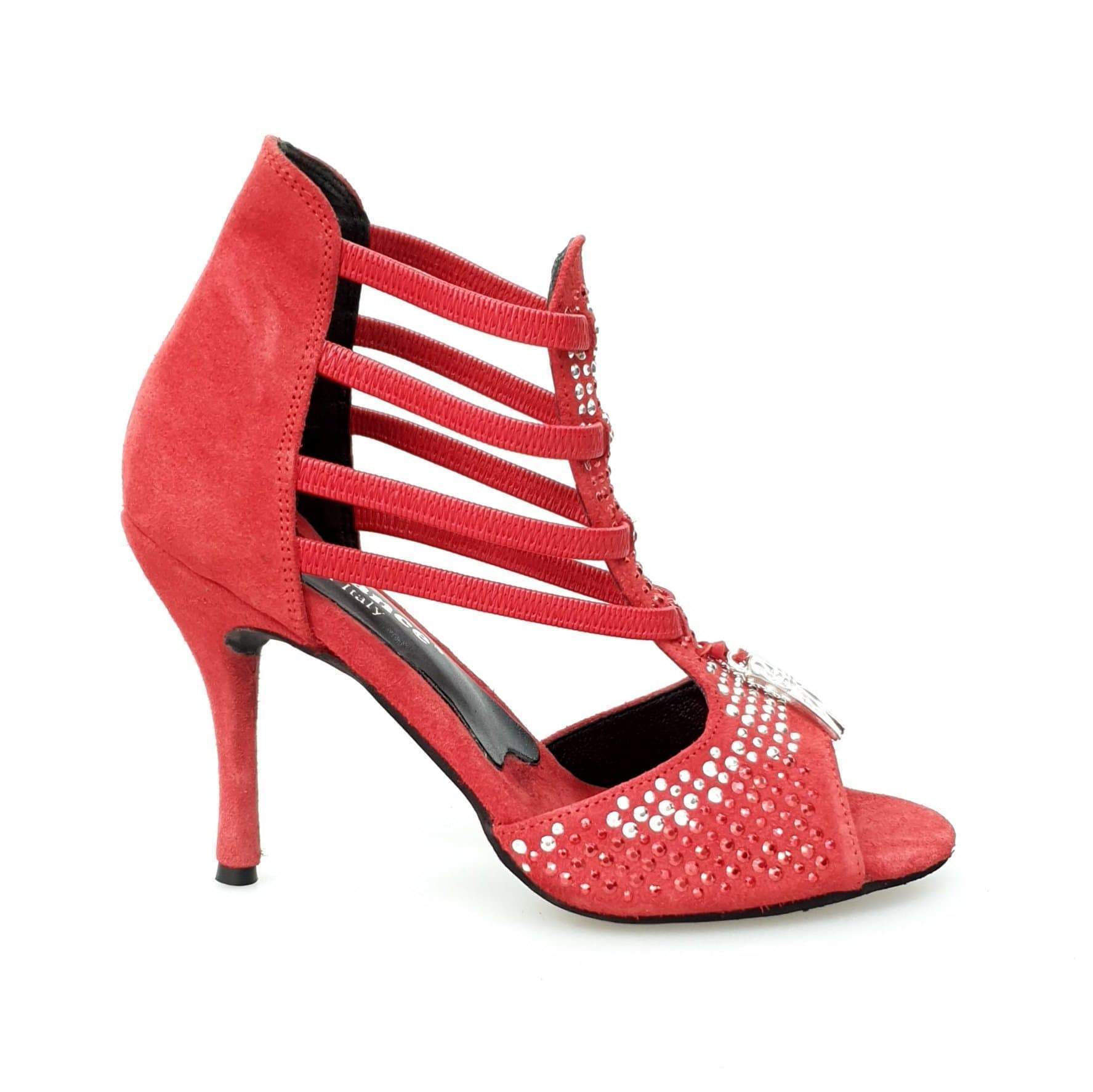 Sandalo donna Lioness Red Silver Wish Dance Shop in camoscio rosso con borchiette rosse e argento, tacco rivestito in camoscio.