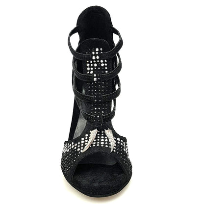 Sandalo da donna Lioness Black Silver in camoscio nero con borchiette argento e zanne in metallo, tacco a spillo rivestito in camoscio nero