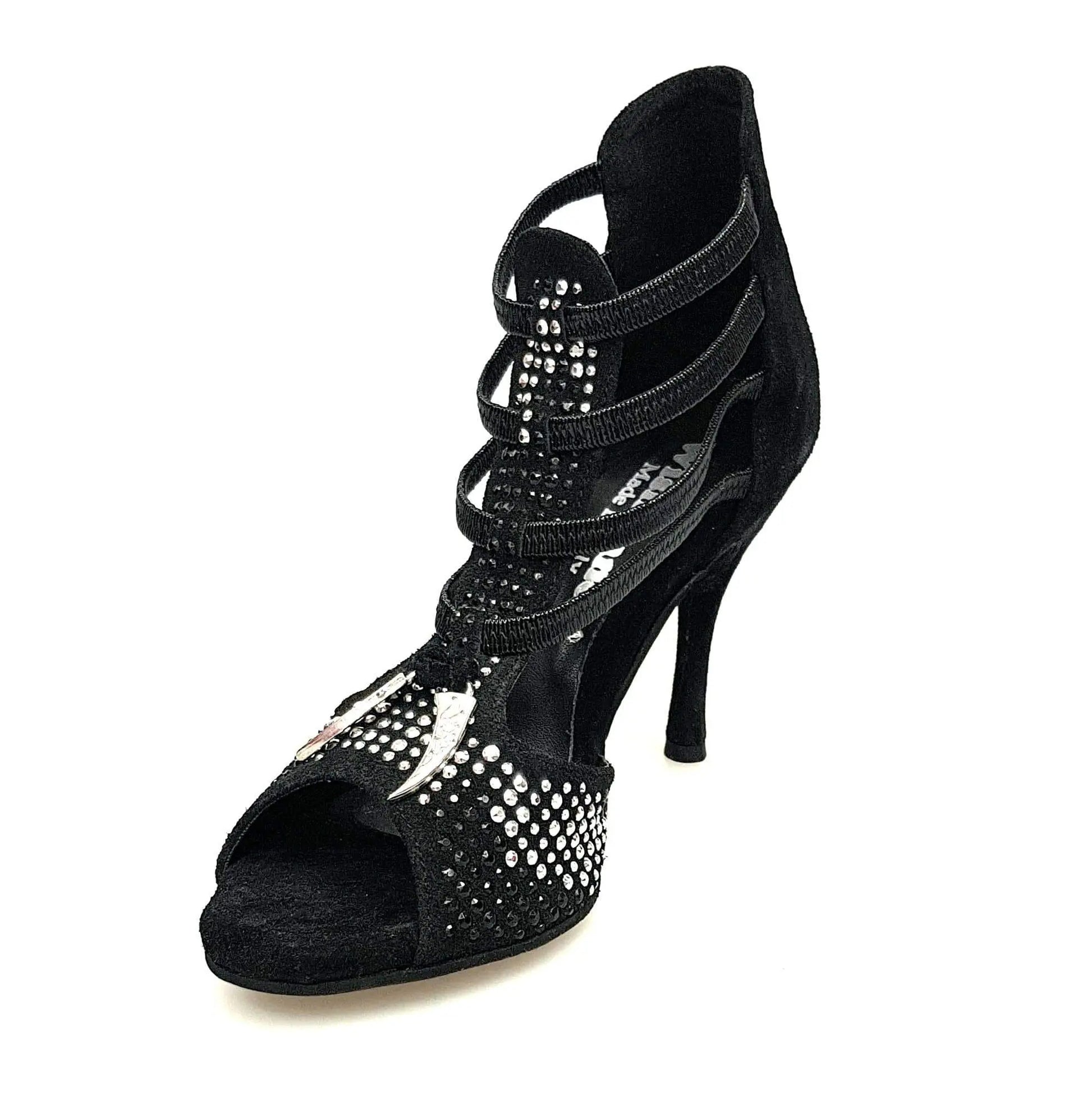 Sandalo donna Lioness Black Silver in camoscio nero con borchiette argento e zanne in metallo, tacco a spillo rivestito in camoscio nero