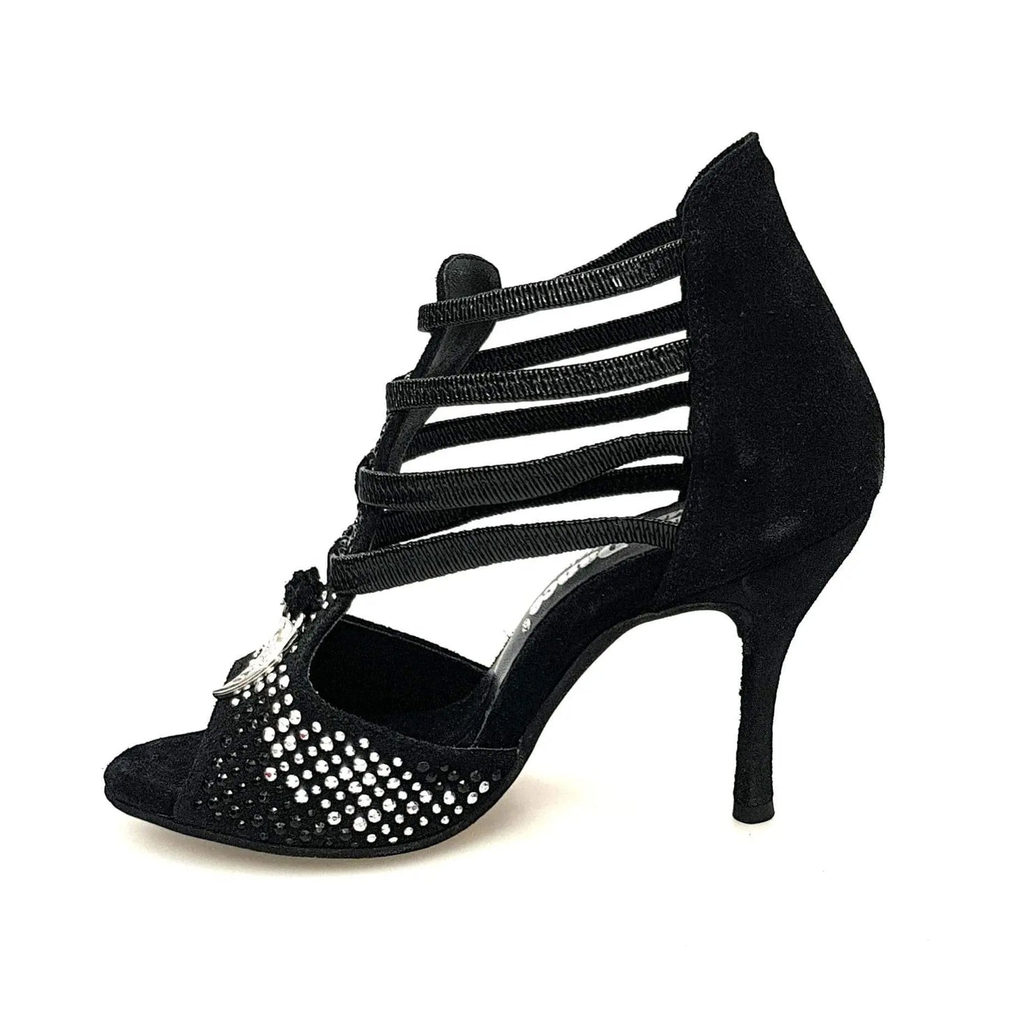Sandali donna Lioness Black Silver Wish Dance Shop in camoscio nero, borchiette argento e zanne in metallo, tacco a spillo rivestito.