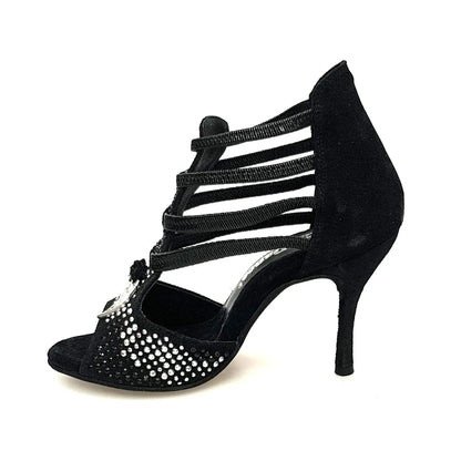 Sandali donna Lioness Black Silver Wish Dance Shop in camoscio nero, borchiette argento e zanne in metallo, tacco a spillo rivestito.