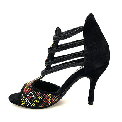 Sandalo donna Sara Yellow Wish Dance Shop in camoscio nero con elastici, tacco a spillo rivestito in camoscio nero, dettaglio livrea gialla