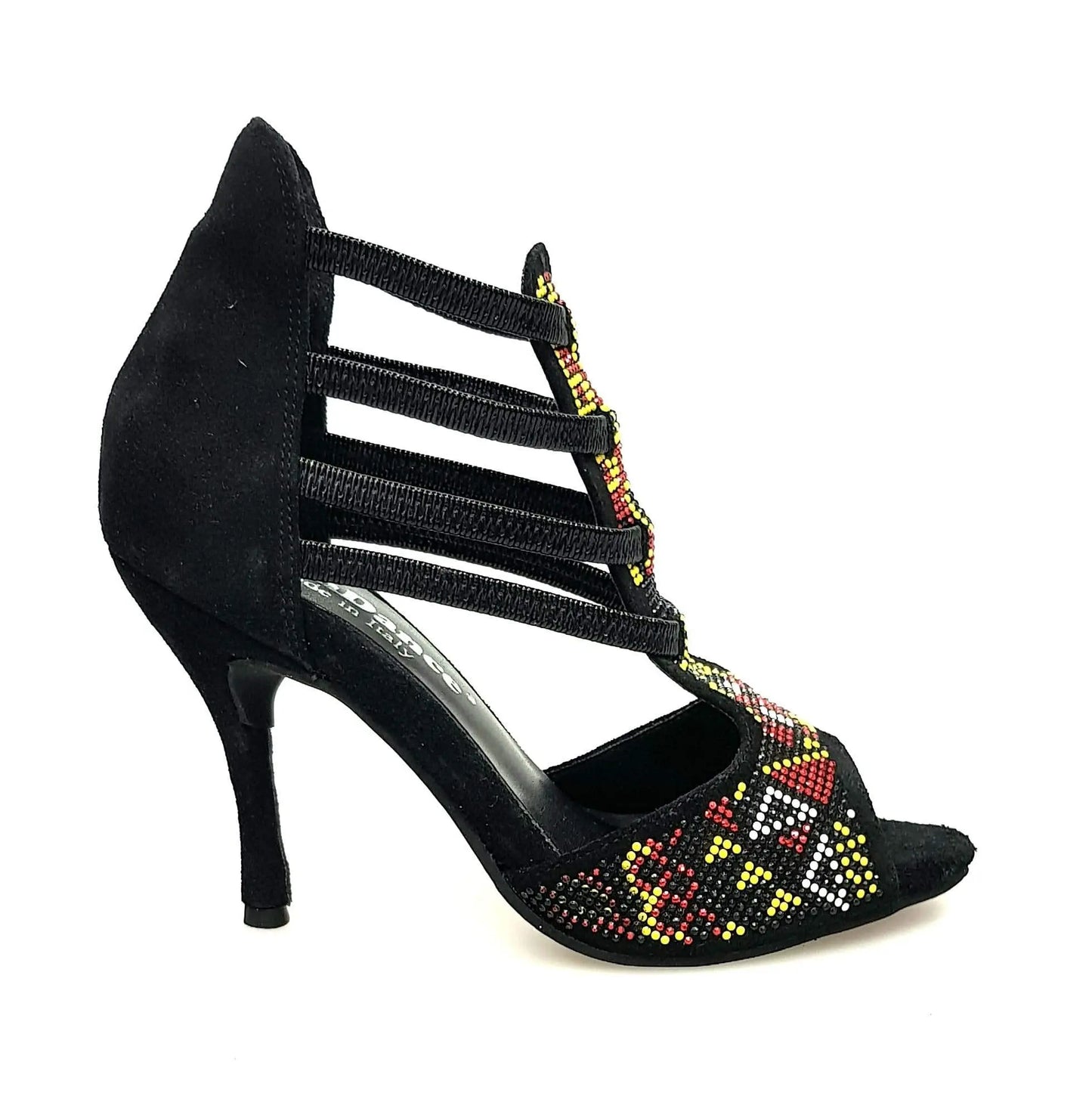Sandalo donna Sara Yellow Wish Dance Shop, camoscio nero elastici, tacco a spillo rivestito in camoscio nero, dettagli livrea gialla.