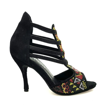 Sandalo donna Sara Yellow Wish Dance Shop, camoscio nero elastici, tacco a spillo rivestito in camoscio nero, dettagli livrea gialla.