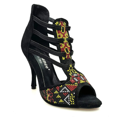 Sandalo donna Sara Yellow Wish Dance Shop in camoscio nero con elastici e tacco a spillo rivestito, dettaglio livrea giallo Samakaka