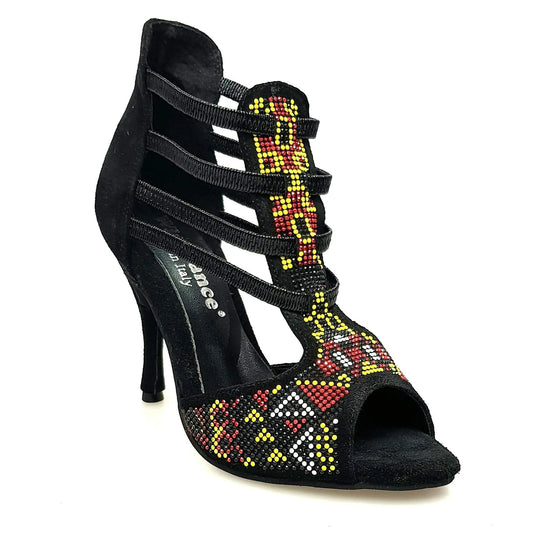 Sandalo da Donna in Camoscio Nero elastici Neri Sara Yellow Wish Dance, vista tre quarti