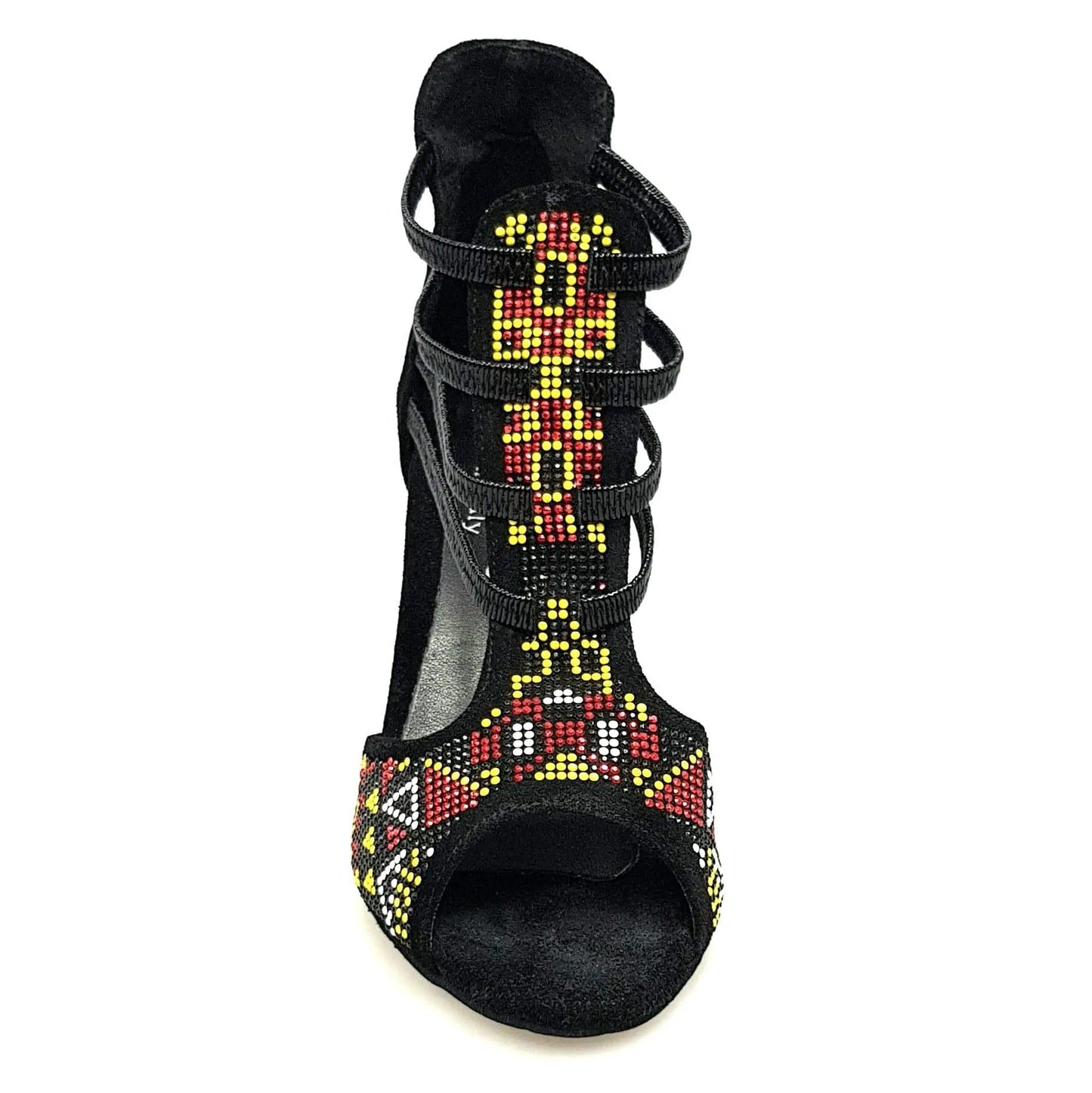 Scarpa Sara Yellow Wish Dance Shop, sandalo donna in camoscio nero con elastici e tacco a spillo rivestito in camoscio nero.