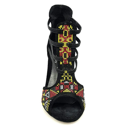 Scarpa Sara Yellow Wish Dance Shop, sandalo donna in camoscio nero con elastici e tacco a spillo rivestito in camoscio nero.