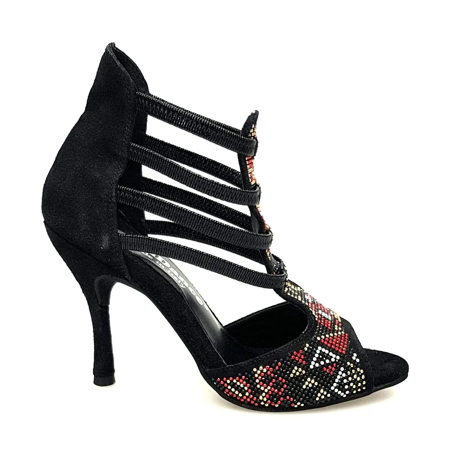 Sandalo da donna Sara Gold 460PW in camoscio nero con rivestimento oro samakaka, tacco a spillo e dettagli eleganti.