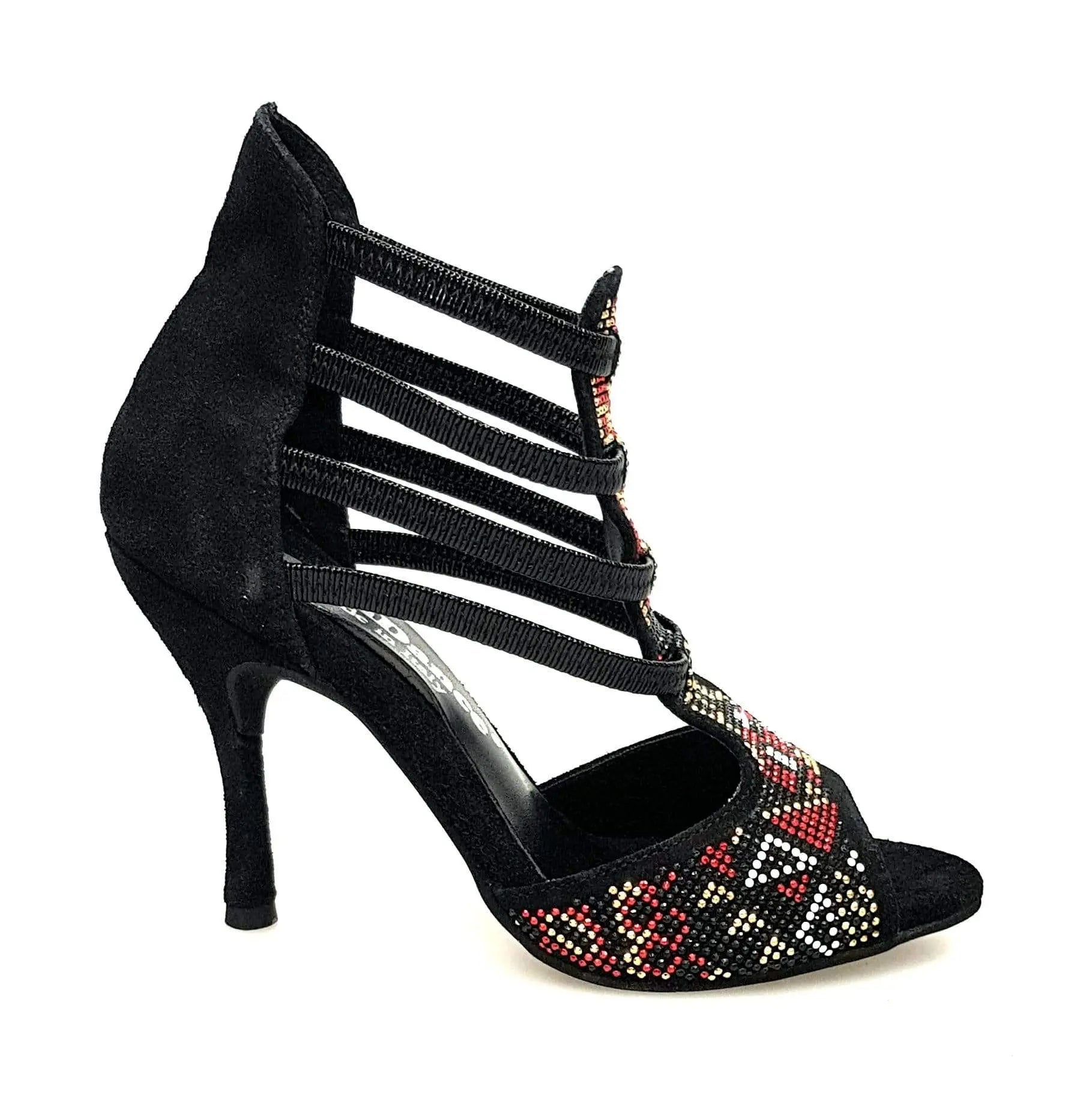Sandalo da donna Sara Gold 460PW in camoscio nero con rivestimento oro samakaka, tacco a spillo e dettagli eleganti.