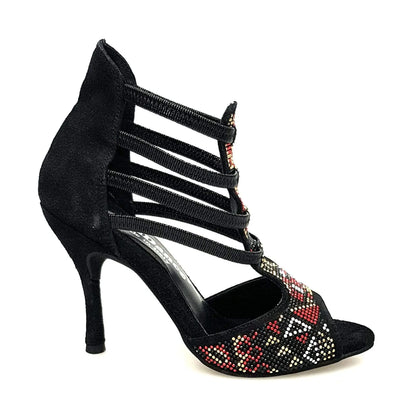 Sandalo da donna Sara Gold 460PW in camoscio nero con rivestimento oro samakaka, tacco a spillo e dettagli eleganti.