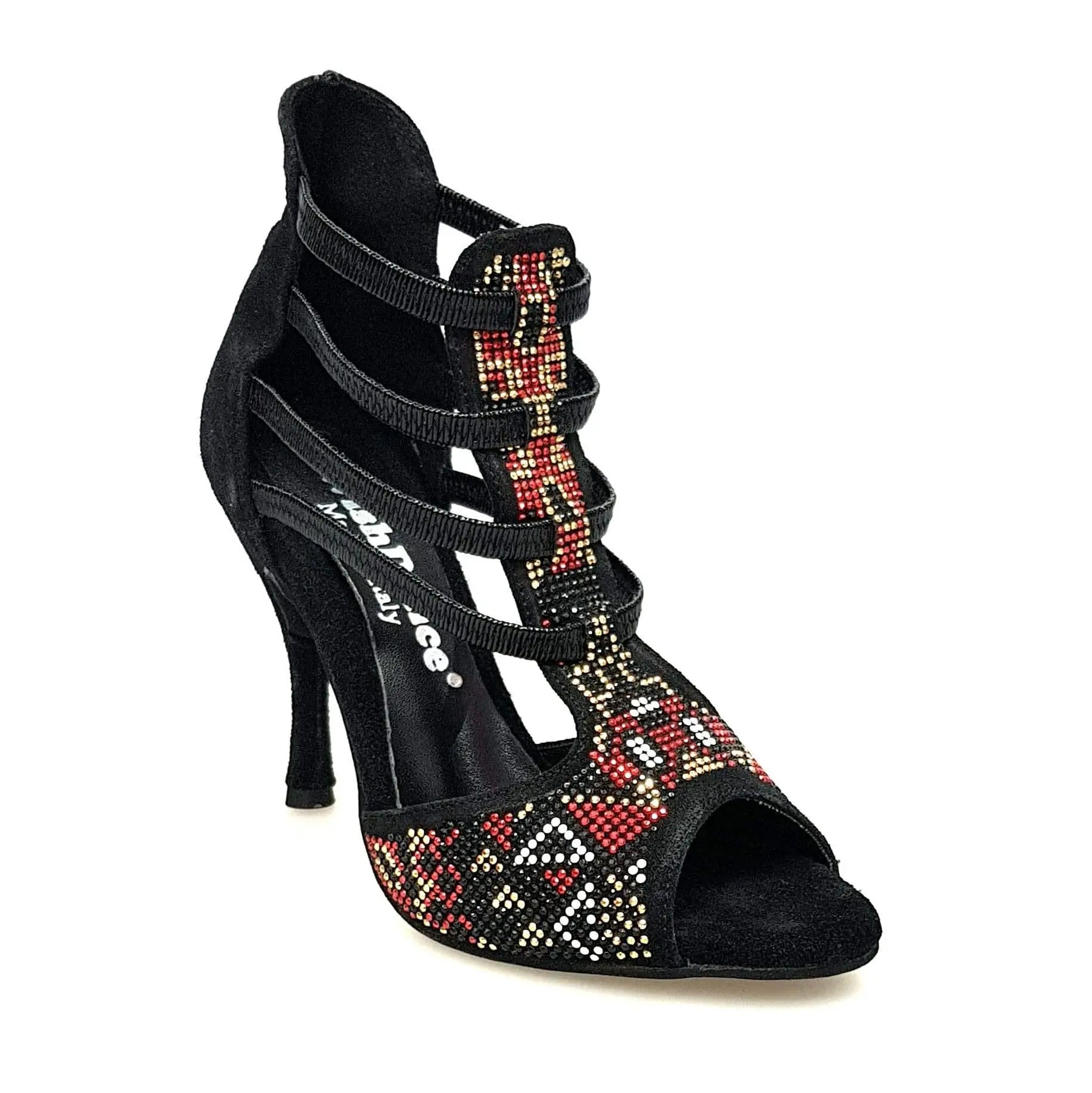 Sandalo da donna Sara Gold 460PW in camoscio nero con dettaglio oro a spillo e rivestimento in camoscio nero.