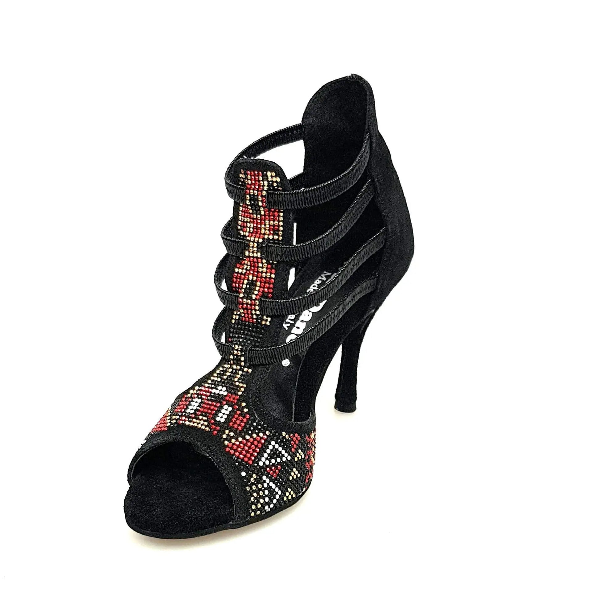 Sandalo da donna Sara Gold 460PW di Wish Dance Shop in camoscio nero con dettaglio oro a spillo rivestito.