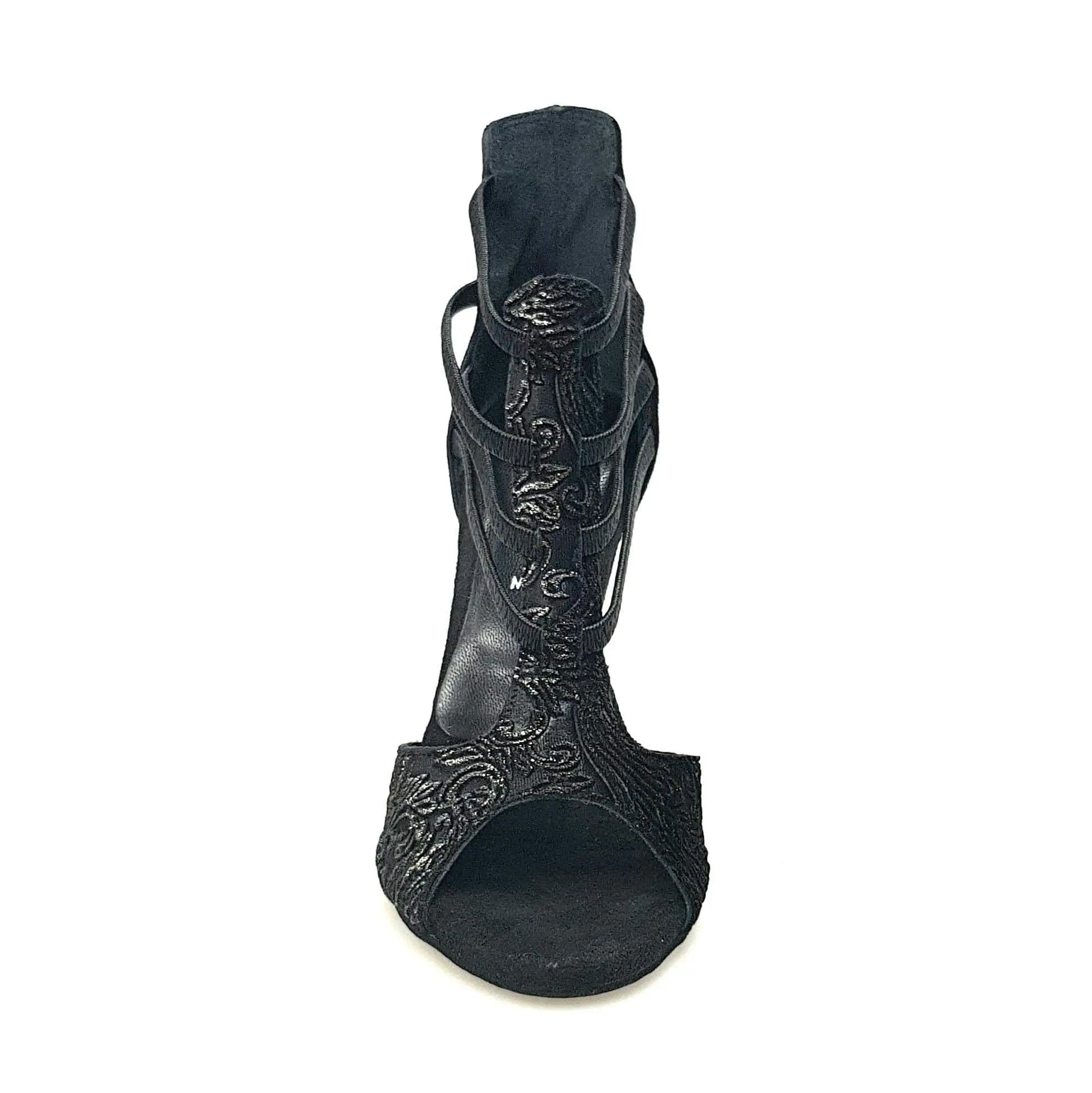 Sandalo donna Lilith (460) di Wish Dance Shop con ricamo oro, tallone in camoscio nero e design elegante.