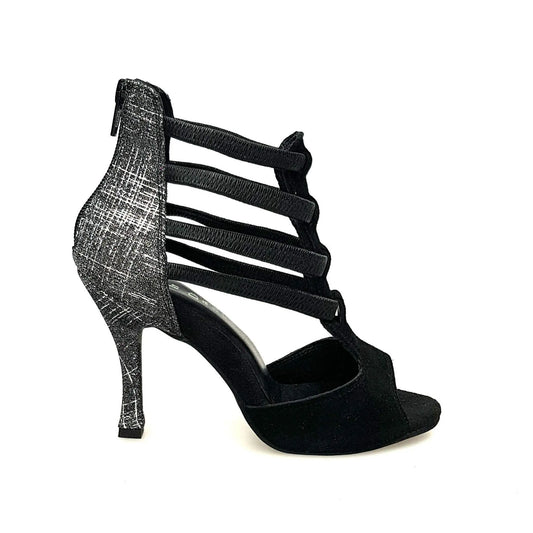 Sandalo donna Lilith Zip in camoscio nero con tacco rivestito in fish carbon, con zip sulla tomaia.