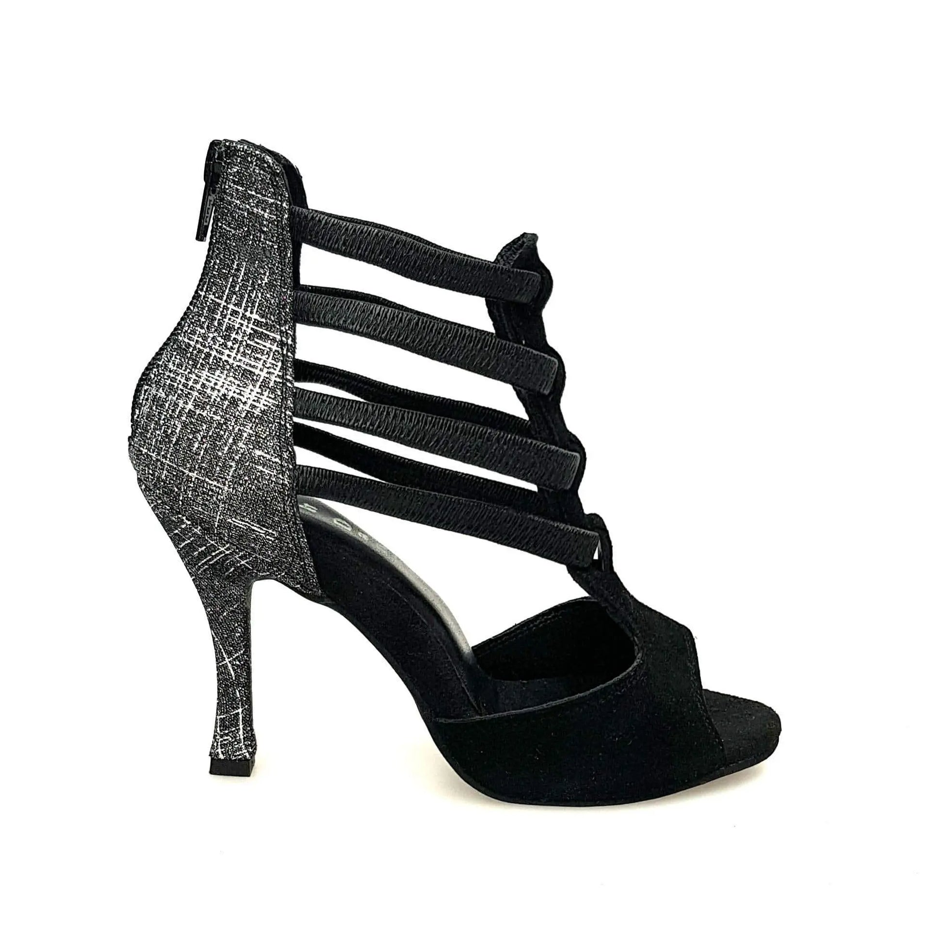 Sandalo donna Lilith Zip in camoscio nero con tacco rivestito in fish carbon, con zip sulla tomaia.