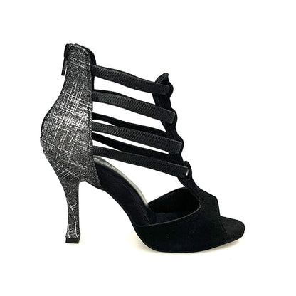Sandalo donna Lilith Zip in camoscio nero con tacco rivestito in fish carbon, con zip sulla tomaia.